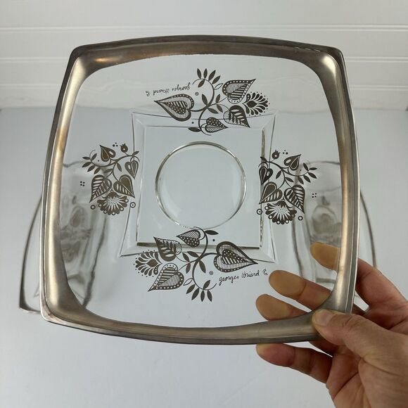 Lot: 3 Vintage Georges Briard Silver Damask Glass Serving Dish Trays MCM Hostess - Picture 10 of 10